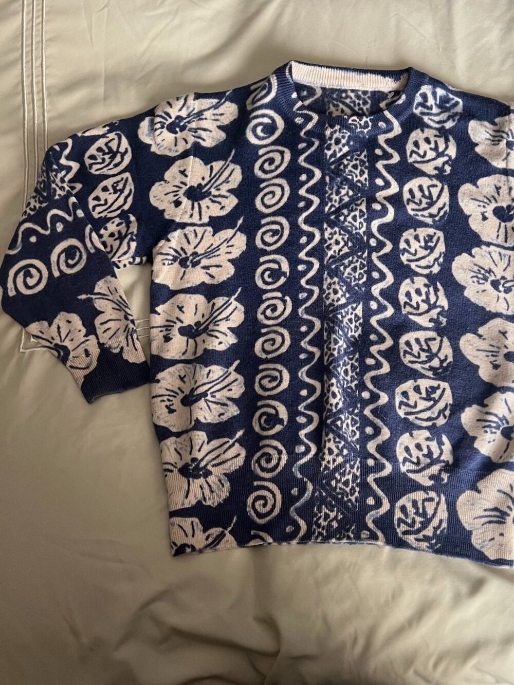 90s Indigo Pullover with Hibiscus Print